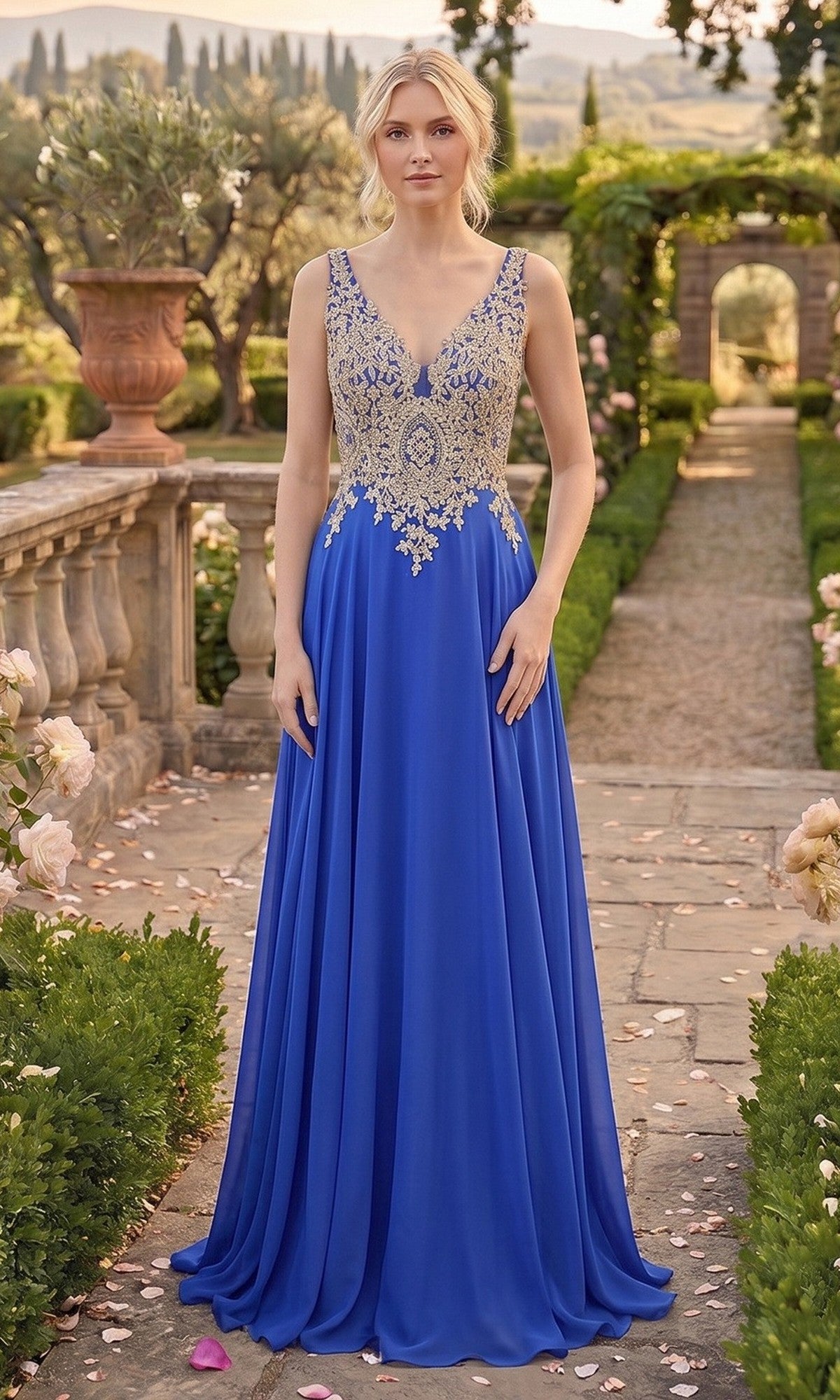 A woman wearing the Chicas DM4006 long formal dress in royal, featuring an embroidered bodice and gold lace, stands in a formal garden with stone pathways, lush greenery, and scattered pink rose petals.